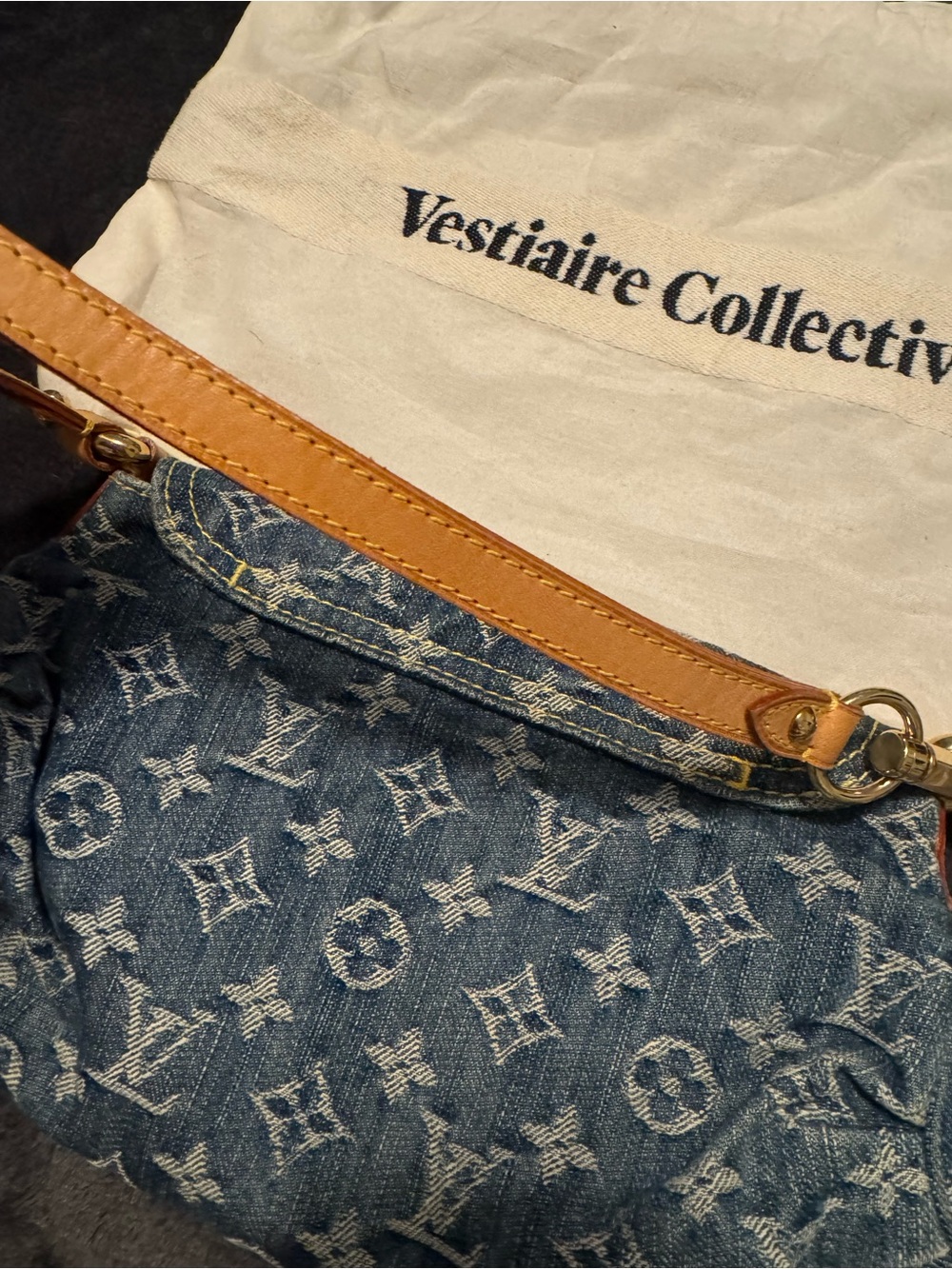 Louis Vuitton Blue Denim Monogram Shoulder Pochette with Tan Leather Strap - Picture 3 of 9